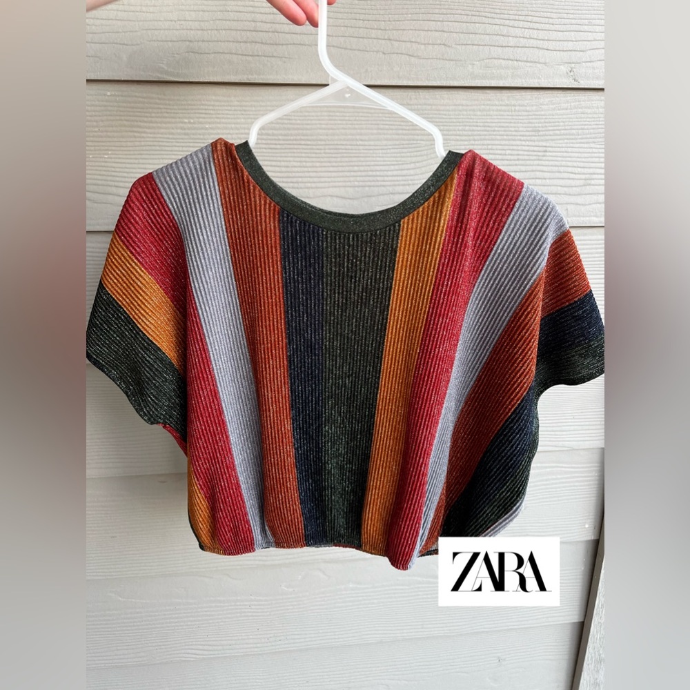 Zara Multicolor Striped Ribbed Crop Top - Red, Orange, Gray, Black